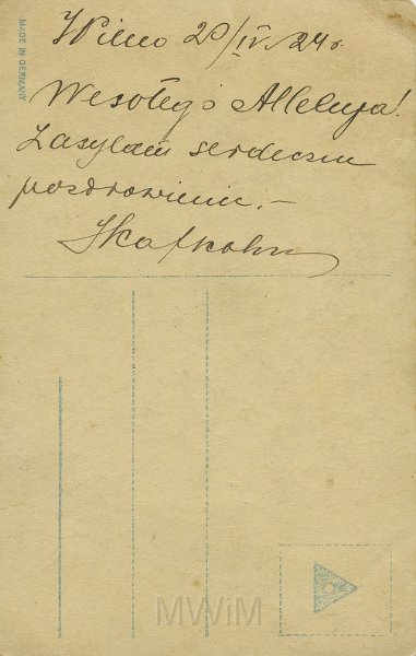 KKE 5482a.jpg - Fot. Widokówka wielkanocna przedstawiająca rodzinę z święconką, ręcznie kolorowana, NPG 14114, Niemcy, 20 IV 1924 r.